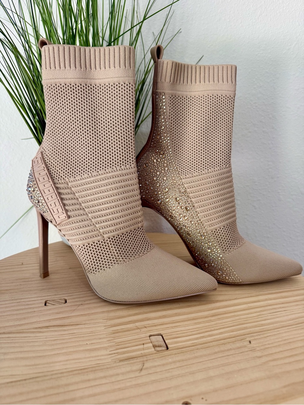 Steve Madden Beige Knit Crystal Sock Booties